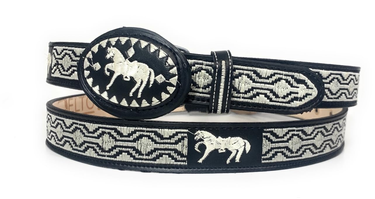 Kids Embroidered Black Charro Western Belt for Cowboy Rodeo Horse (26)