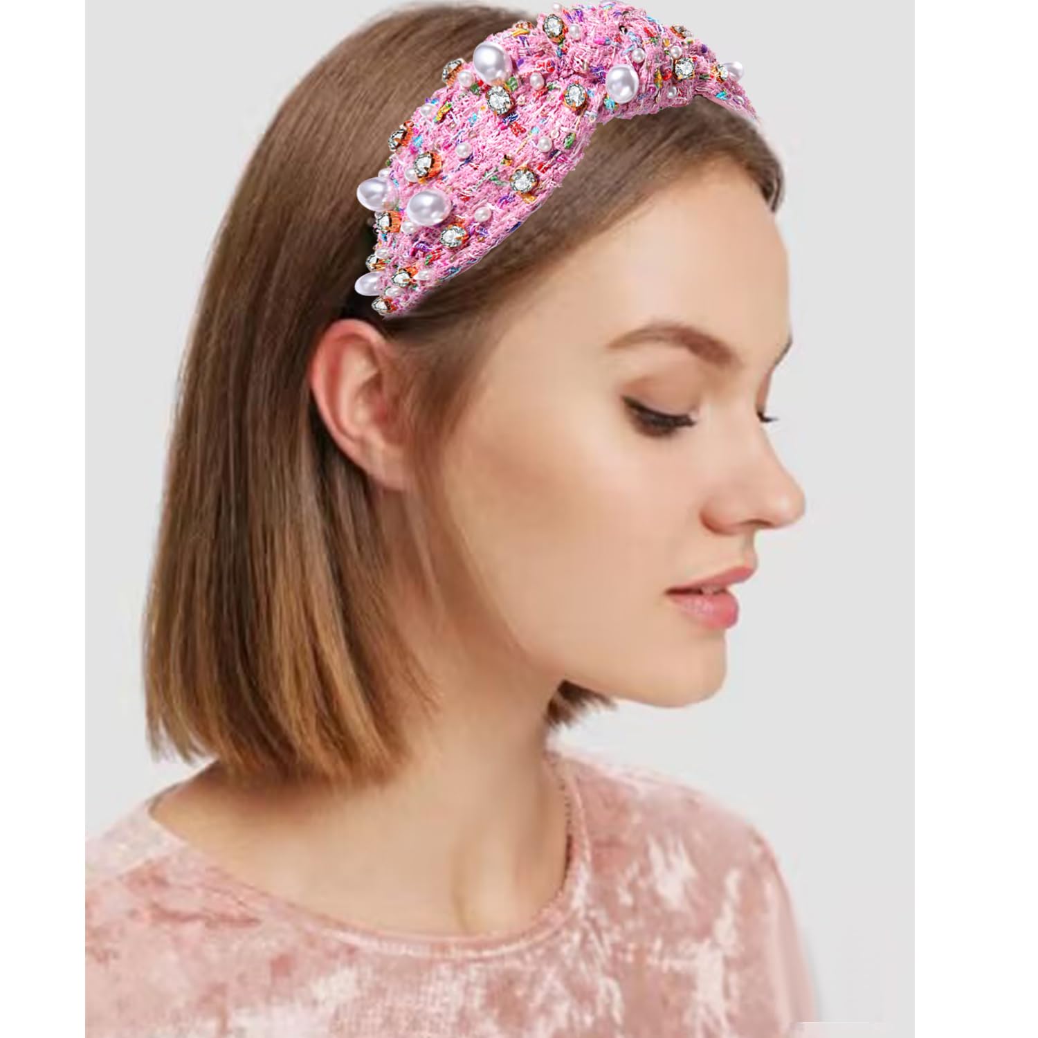 Lele Sadoughi Blush Pink Pearl-Studded Knotted Headband Twine and Love | Embellished Statement Headband | Jeweled  main image 3
