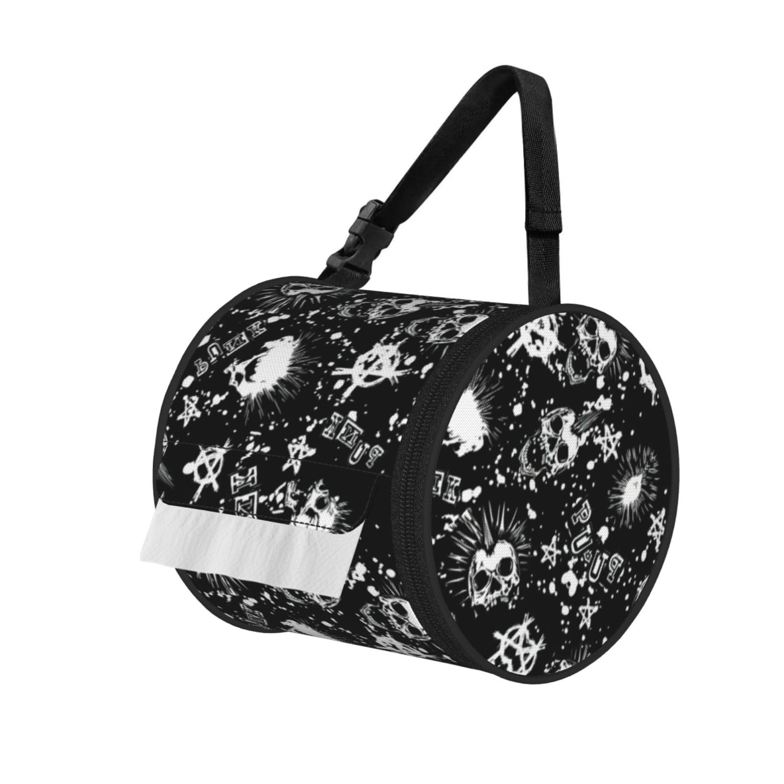 White Punk Skull Print Round Paper Tissue Holder With Shoulder Strap, Portable Roll Case For Caravan Travel Use