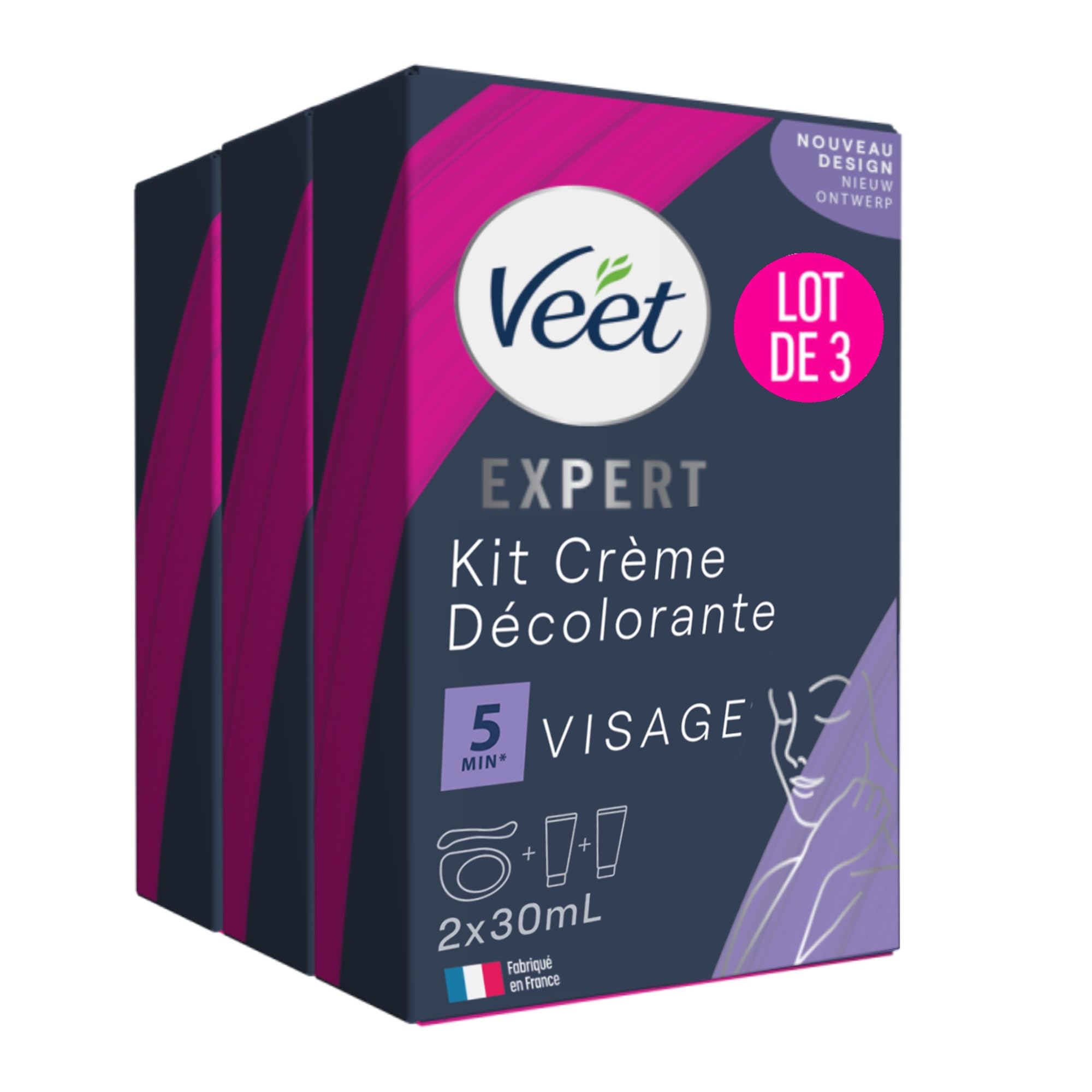 Veet - Crème Décolorante Spéciale Visage - 1 étui de 2 tubes de 30 ml - Lot de 3