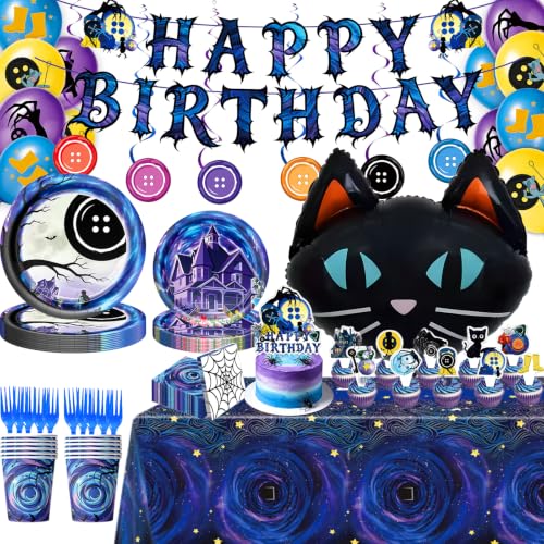 185PCS Horror Birthday Party Decorations Ghost Button Birthday Party Supplies with Banner Plates Napkins Cups Tablecloth Balloons Cake Toppers Hanging Swirls & Black Cat Foil Balloon (24Guest)