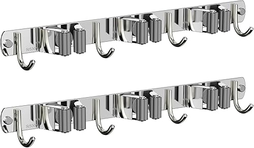 Miniatura 15 de Soporte de Pared para Trapeador y Escoba para Montaje en Pared, Organizador de Escoba Mejorado para Montaje en Pared, Colgador de Escoba de Acero