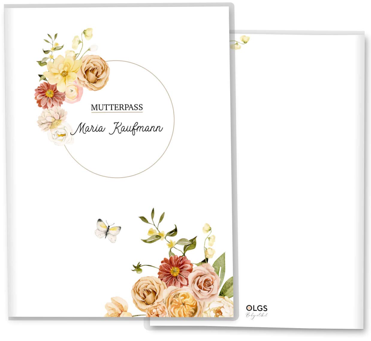 OLGS Mutterpasshülle personalisierbar Florentina Schwangerschaft Geschenkidee Schutzhülle Mutterpass | Mit Fach für Ultraschallbilder (Deutsche Mutterpasshülle personalisiert, Butterfly)