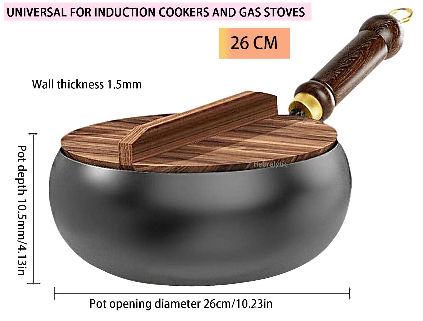 Japanischer Wok aus Gusseisen, Unbeschichtete Antihaft-Bratpfanne mit Griff, Woks und Pfannen zum Anbraten für Induktions- und Gasherde(Wooden lid,26cm)
