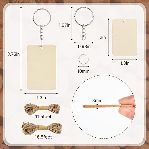 Miniatura 6 de Luckforest Juego de 50 llaveros de madera rectangulares en blanco, rebanadas de madera sin terminar con 50 llaveros, con cuerda de yute y llavero de
