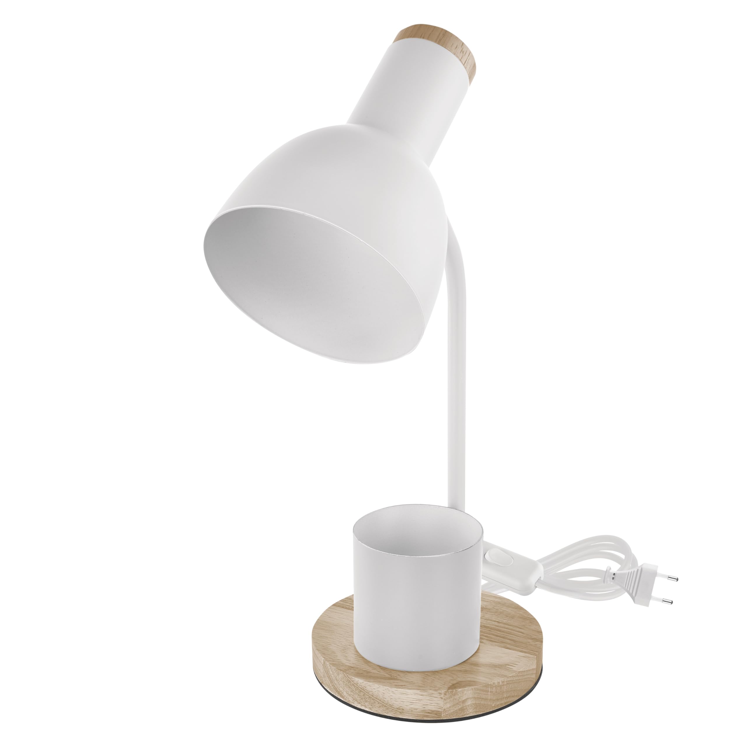EMOS - LED Tischlampe POPPY mit Stift-Halter, E27 Gewinde - elegante Leseleuchte aus Metall mit Fuß aus Holz - Netzkabel 1,5m mit Schalter und Eurostecker - ohne Lichtquelle, E27 max. 25W - Weiß