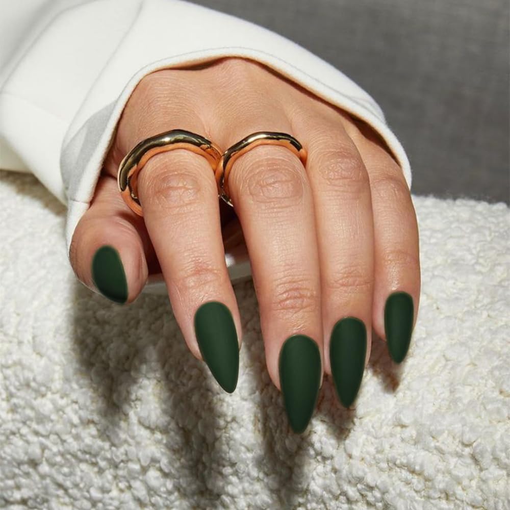 KQueenest Soft Gel Press on Nails Almond Medium, Matte Dark Green False Nails Almond, Solid Color Stiletto Fake Nails Set