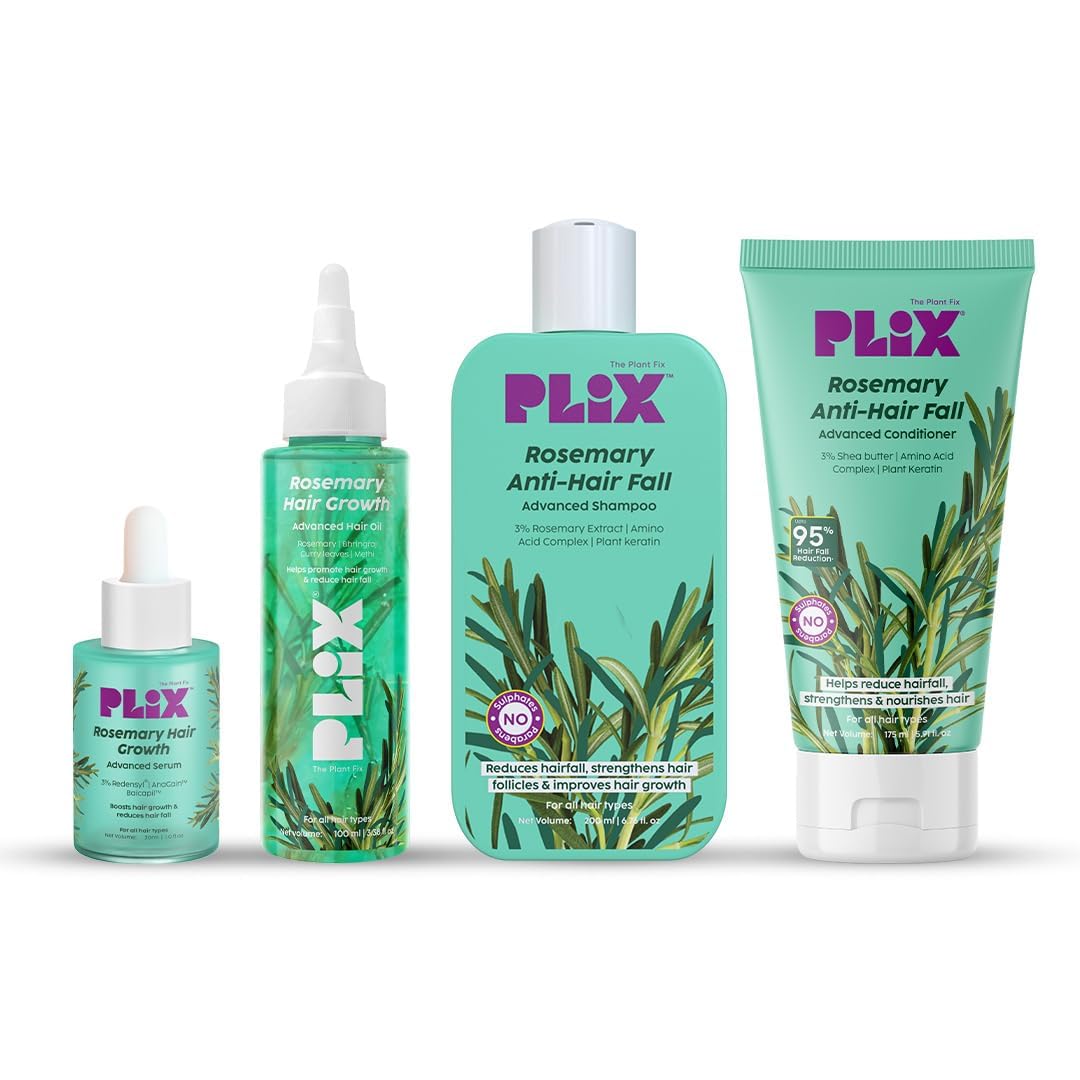 PLIX - THE PLANT FIX Rosemary Anti Hairfall Kit - Serum (30ml), Shampoo (200ml), Conditioner (175ml) & Oil (100ml) | For Hair Thinning, New Hair Growth & More Volume