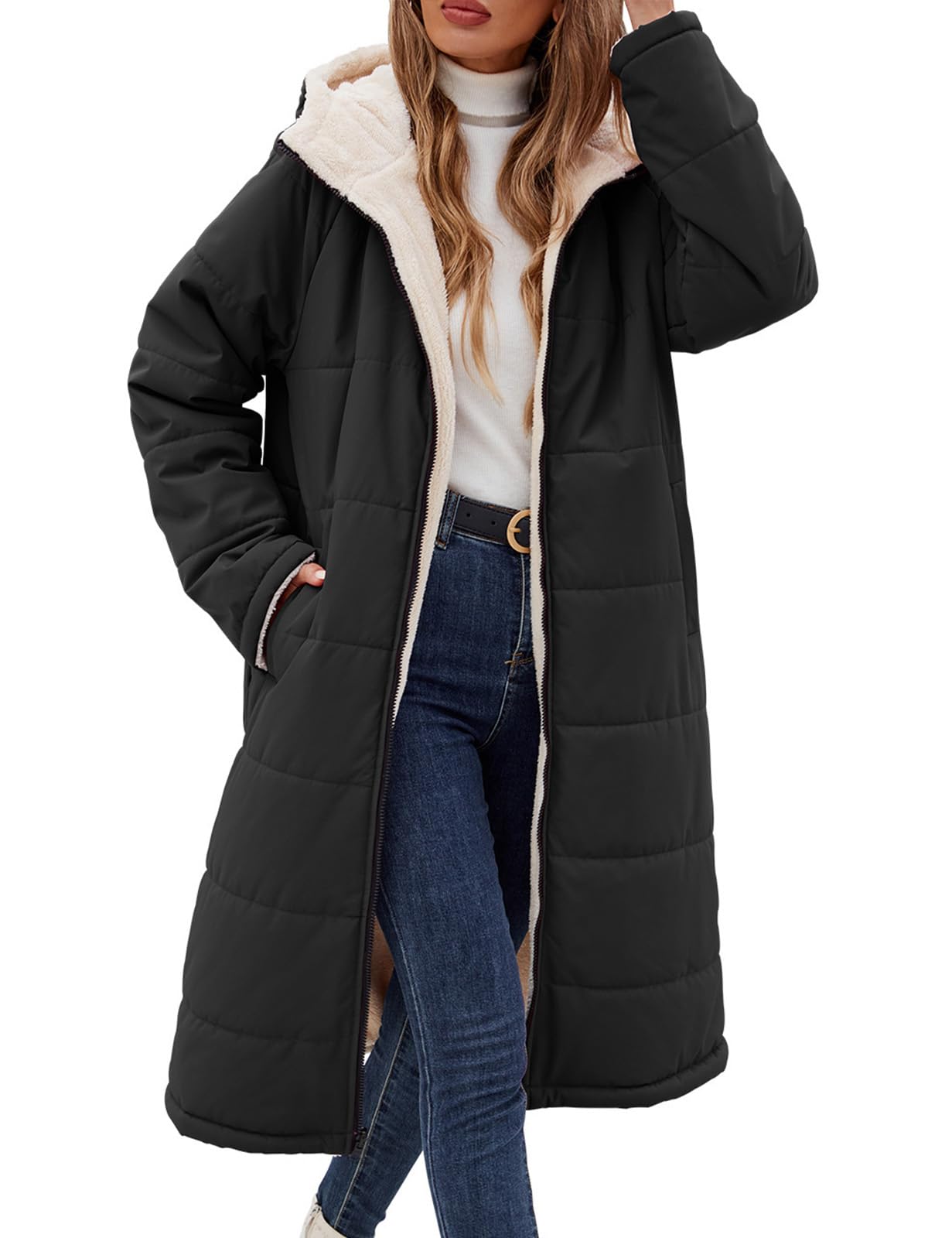 Tuopuda Manteau Femme Hiver Veste Polaire Chaud Parkas Blouson Zippée à Capuche Réversible Sherpa Casual Jacket Hooded Coat Sweat-Shirts Outercoat avec Poches