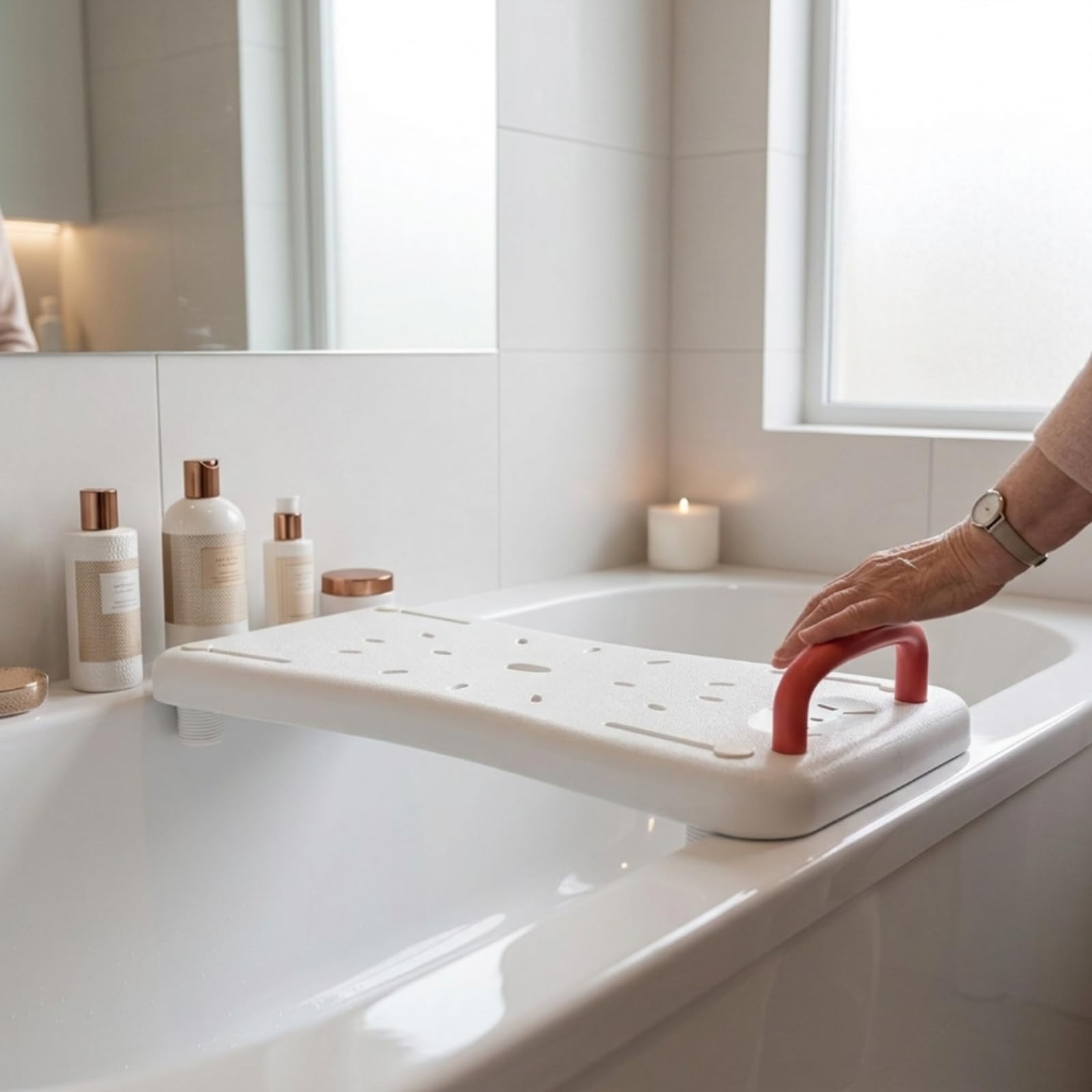Asiento Bañera con Drenaje Antislizante Tab con Asa Ajustable Tabla Asiento Baño para Usuarios Mayores, Ancianos, Ducha, Blanco con Asa Roja, 70 31 9 Cm