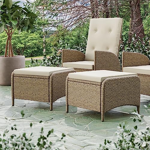 Greemotion Garda 2-Piece Outdoor Patio Aluminum Polyrattan Wicker Outdoor Ottoman All Weather Rattan Patio Furniture Outdoor Footstool Footrest Seat Set w/Removable Cushions in Beige