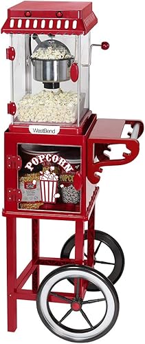 West Bend Máquina para hacer palomitas de maíz estilo teatro en carrito con ruedas con recipiente antiadherente de palomitas de maíz de acero