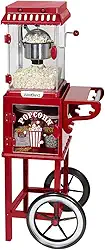 West Bend O carrinho de pipoca PCMC20RD13 70 g antiaderente de aço inoxidável faz 10 copos possui armazenamento de prateleira de preparação e rodas para facilitar a mobilidade inclui ferramenta de medição, vermelho