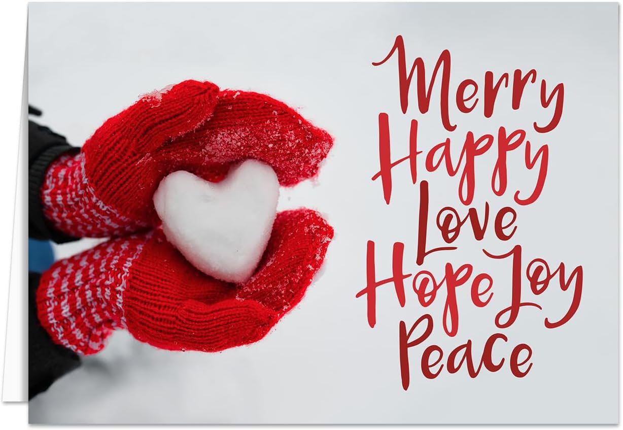 Red Mittens Heart Christmas Cards / 25 Winter Snow Holiday Cards With White Envelopes Pack / 5'' x 7'' Card Folded With Interior Verse/Made In The USA