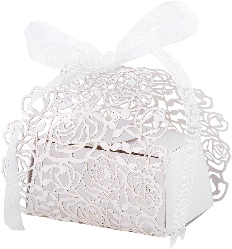 50pc Wedding Favor Candy Box,Hollow Out Rose Flowers Cut Pearl Paper Party Gift Boxes