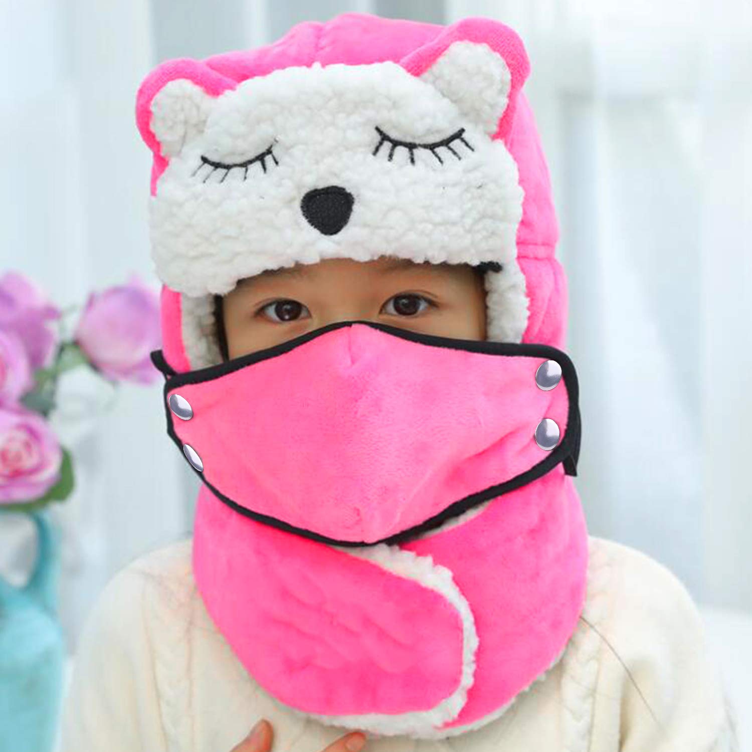 Chapka Enfant Hiver Motif à Panda Mignon Cagoule Polaire Chaud avec Masque Visage Détachable Bonnet Cache Cou Coupe-Vent pour Ski Cyclisme Snowboard, 54-56 cm