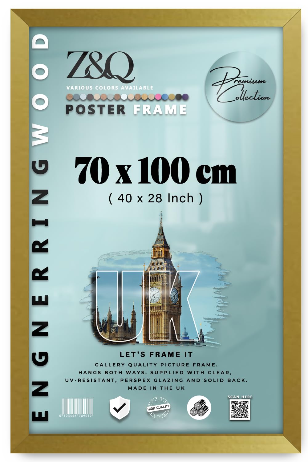 Z&Q Gold Poster Frame Extra Large 70x100cm Picture Frame Wall Mount for Big Paintings Photos with Plexiglass Front Vertical Horizontal both Ways Hanging Living Room Art Gallery