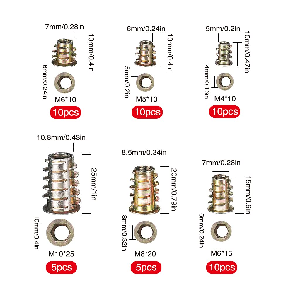 YIXISI 50 Pezzi Dadi Esagonali in Lega di zinco Kit, Mobili Presa Esagonale Inserti a Vite Inserti Filettati Kit di Strumenti Assortimento di Noci M4 / M5 / M6 / M8 / M10, per Mobili in Legno