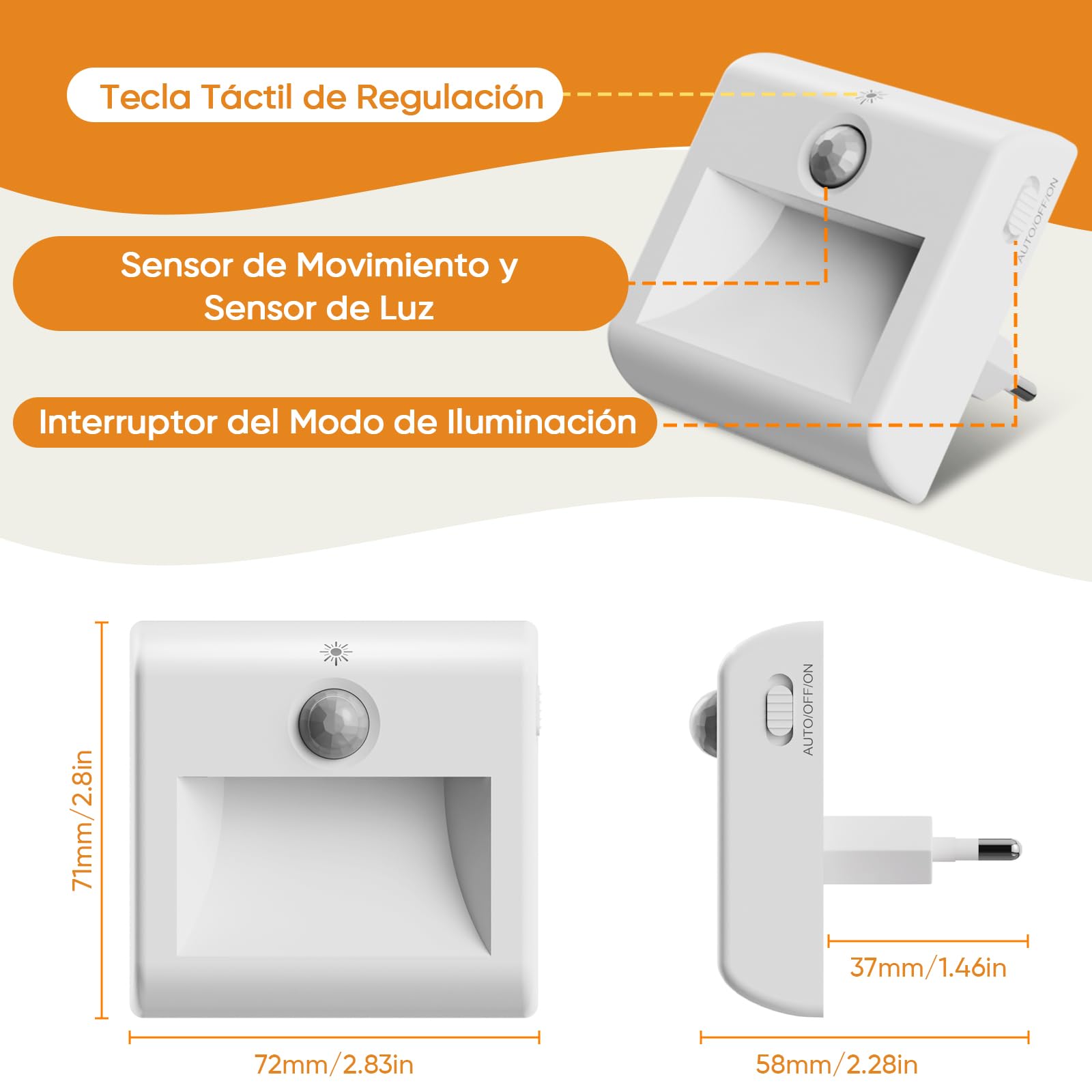 Suright Luz Nocturna con Sensor de Movimiento [2 Piezas], Luz Noche Infantil, Blanca Cálida, 3 Modos(ON/Auto/OFF), Regulable, LED Bebe Lámpara para Niños Habitación, Pasillo, Escaleras, Cocina