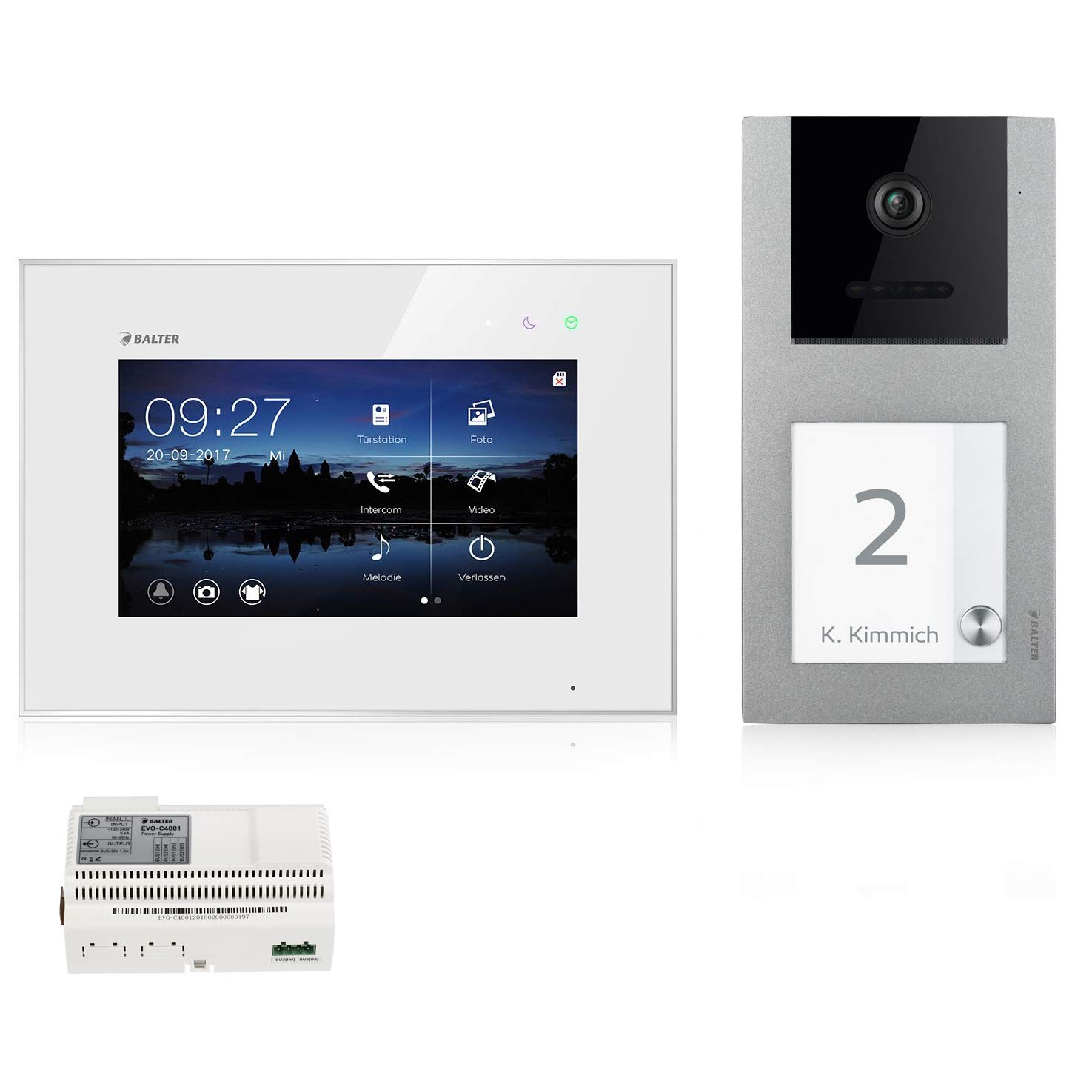 Balter EVO Video Türsprechanlage, Touchscreen, 7 Zoll Monitor, Smartphone App, 2-Draht Bus, Aufputz Türstation für 1 Familienhaus, 1 Türklingel, RFID Funktion (2 Monitore, Ohne App)