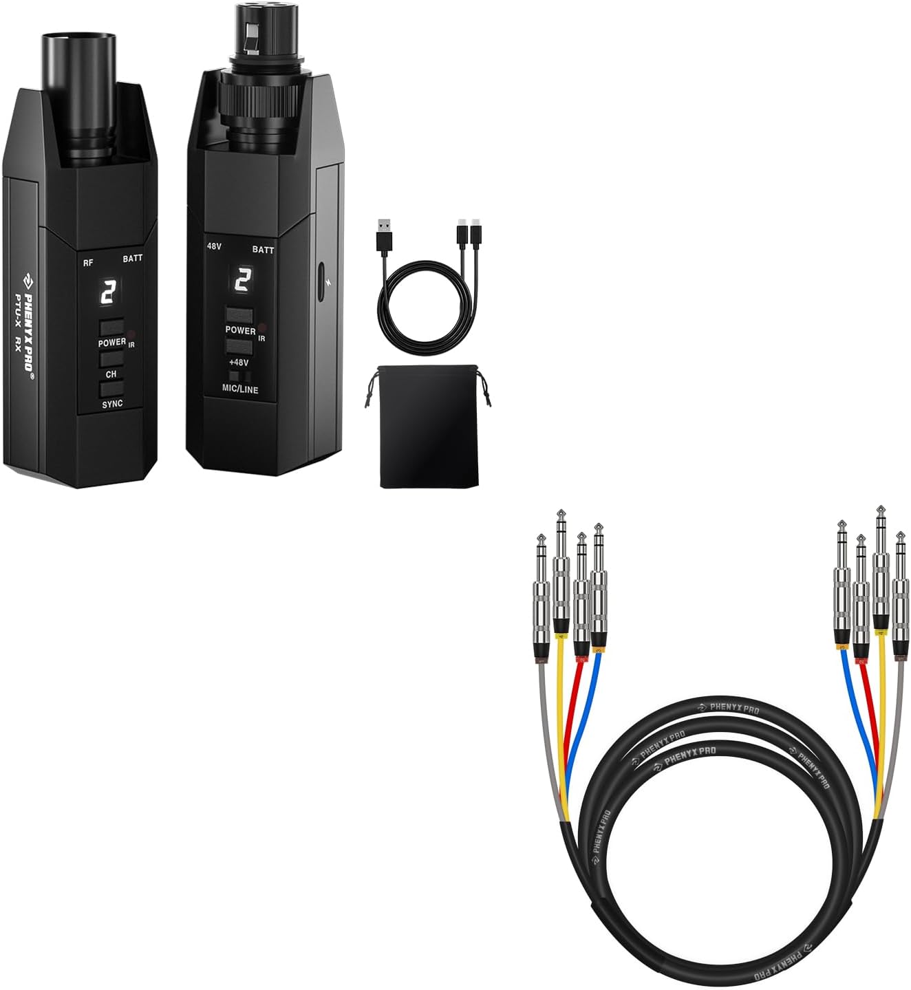 Phenyx Pro Plug-on XLR Wireless Transmitter Receiver System PTU-X Bundle with 4-Channel TRS Snake Cable PCBL-QR4IN1-10