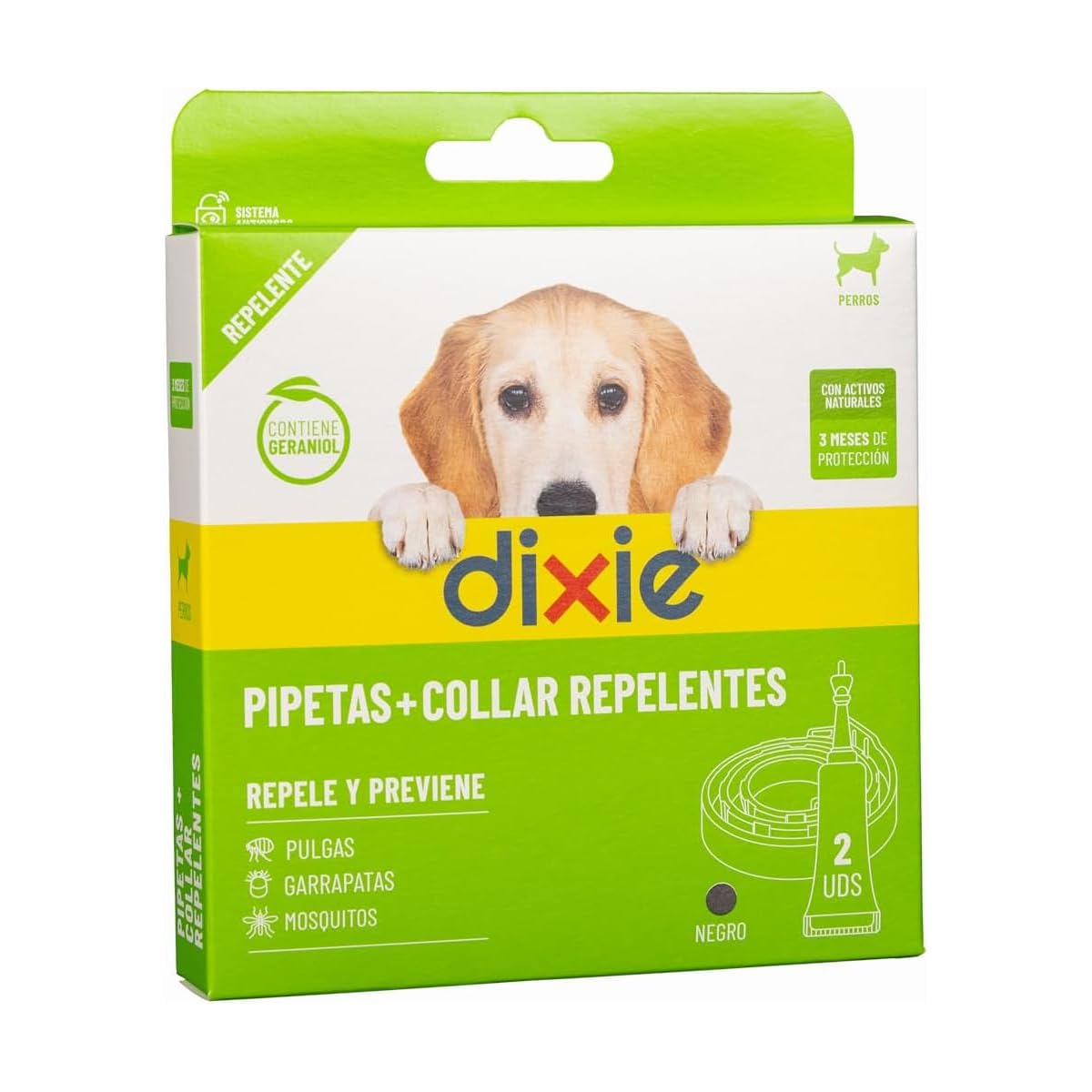 DIXIE - Pack Doble Protección Perros - Collar 58 cm Negro y Pipetas 2 uds x 2 ml Repelentes - Protege 4 Meses contra Pulgas, Garrapatas y Mosquitos - sin Insecticidas - Todos los Tamaños de Perros