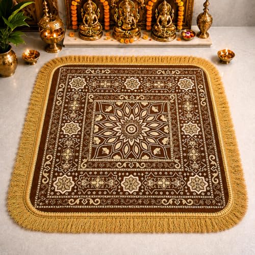 Image of Premium Prayer Mat /Aasan for Home Temple & Meditation | Soft Velvet Touch Cushioned Pooja Mat with Tassels | Washable Floor Rug for Mandir, Yoga, Sitting Mat | 20 x 20 Inch (Gold)