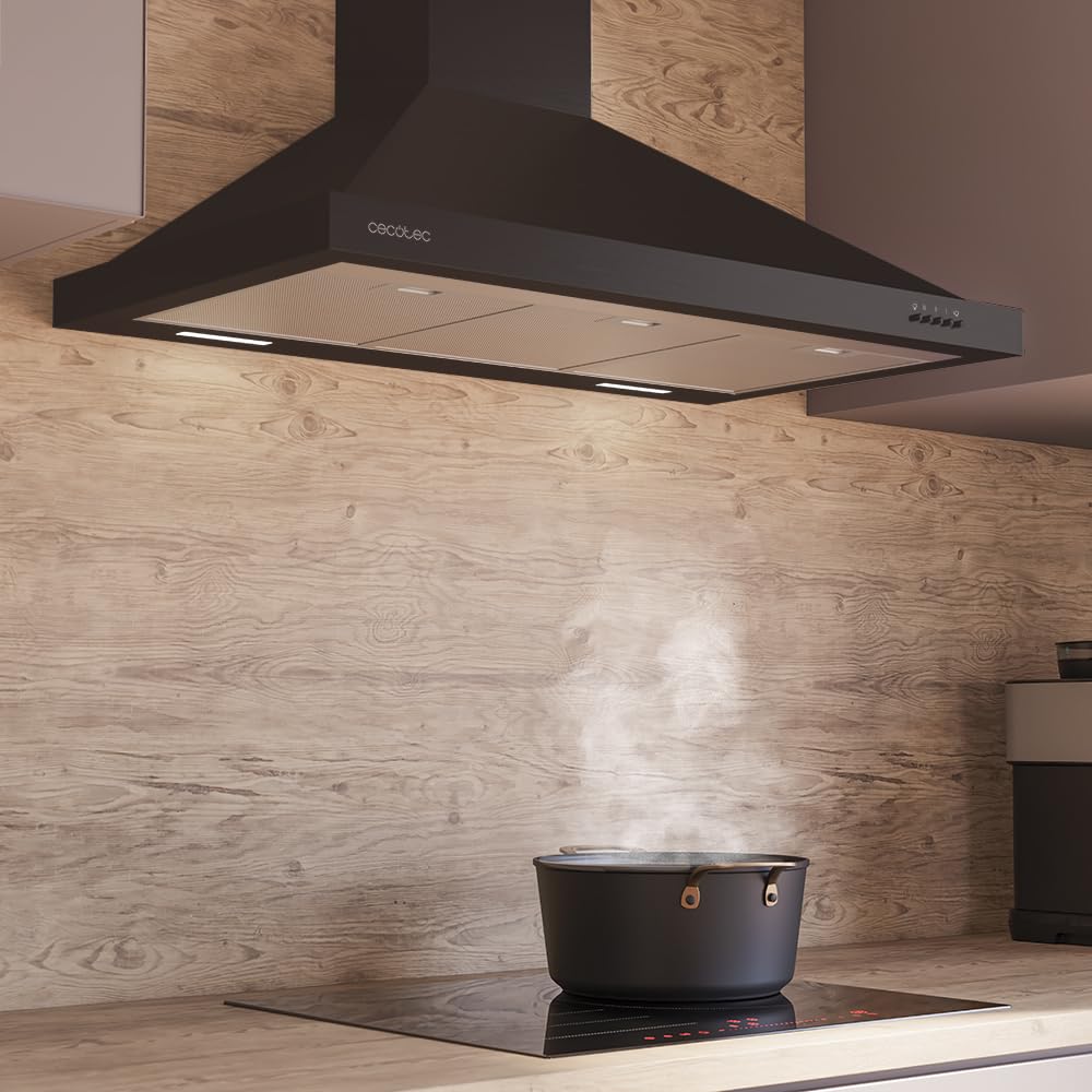 Cecotec Bolero Flux PM 906500 Black A Dunstabzugshaube, 90 cm, Motor 165 W, schwarzes Finish, Saugleistung 650 m³/h, mechanische Steuerung, 3 Leistungsstufen, Licht und Kohlefilter