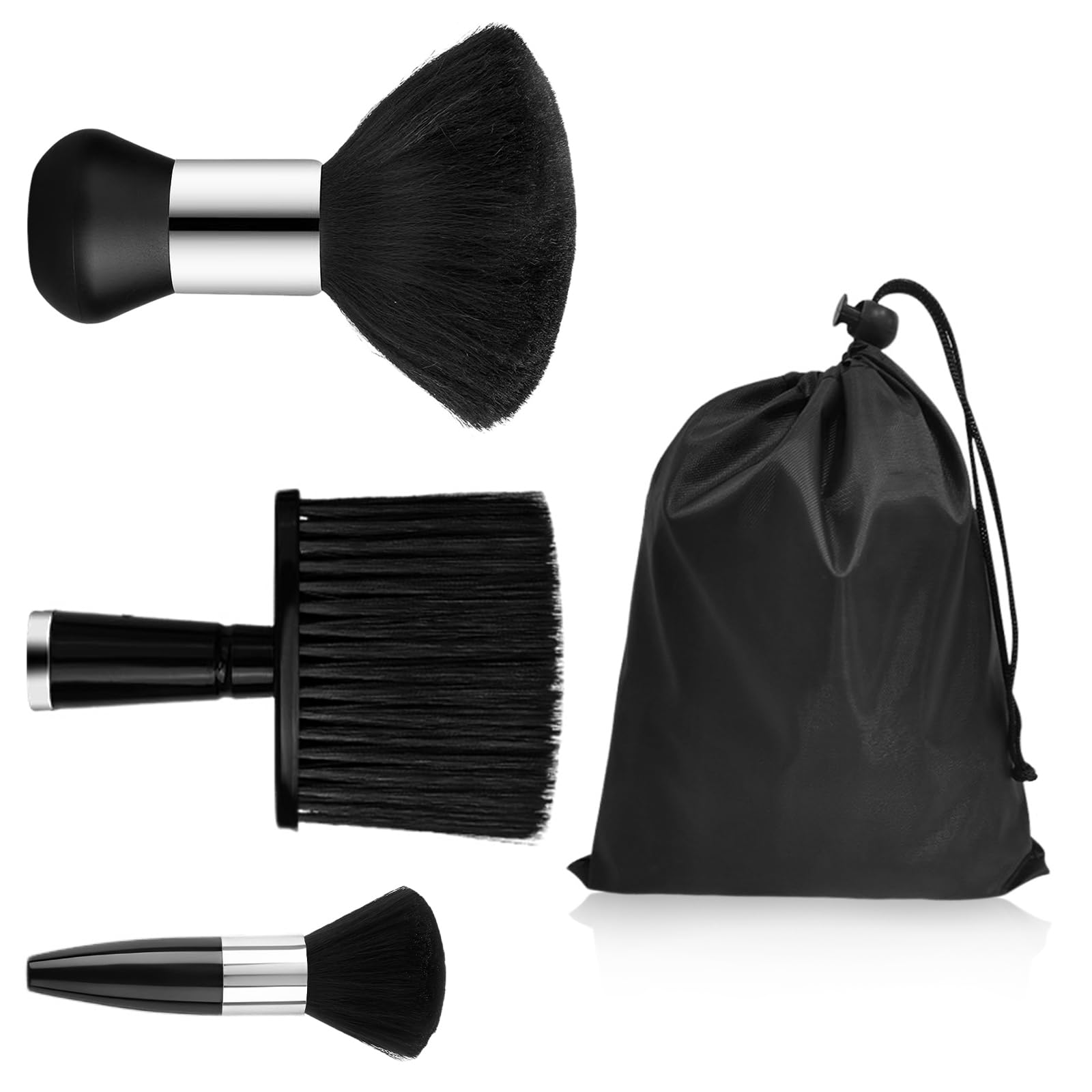 3Pcs Black Neck Dust Brush with Storage Bag Matte Handle Soft Bristled Hair Brush Bullet Barber Duster Suitable for Barber Store Hair Salon Essential