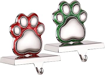 Paw Stocking Holders for Mantle,Set of 2 Paw Print Stocking Hangers for Fireplace,Mantle Clip Christmas Holder Hanger for Stocking/Garland,Pawprint Xmas Hooks for Stocking Paw
