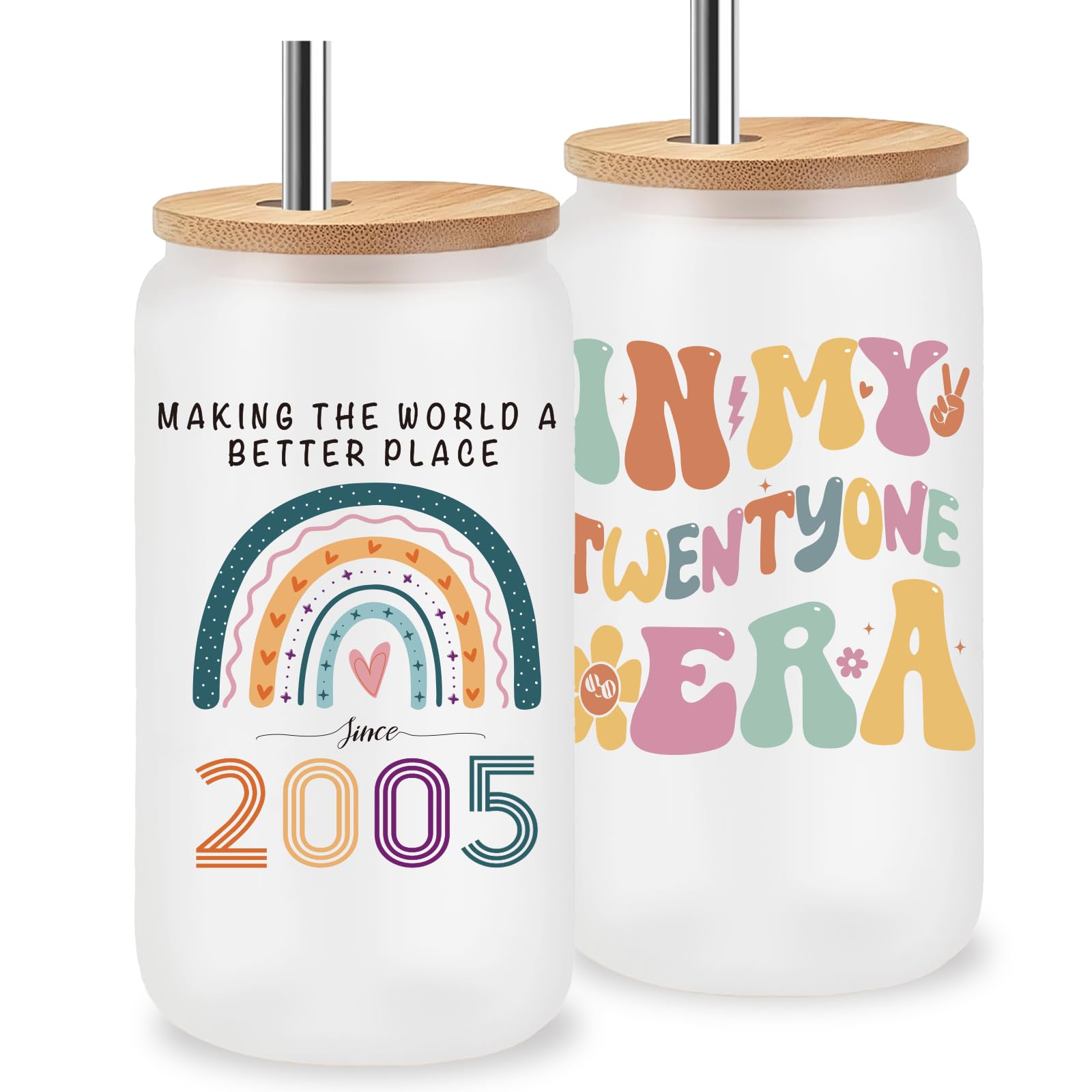 Jars Nova 21st Birthday Glass Tumbler 16oz｜“in My Twenty One Era” Born in 2005 Keepsake Cup with Lid & Stainless Steel Straw｜21st Birthday Gift for Her Daughter Niece Best Friend, Gifts for Women