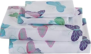 Elegant HomeÂ  Purple Turquoise White Pink Green 3 Butterflies Design 3 Piece Printed Sheet Set with Pillowcases Flat Fitted Sheet for Girls/Kids/Toddler (Butterfly, Twin)