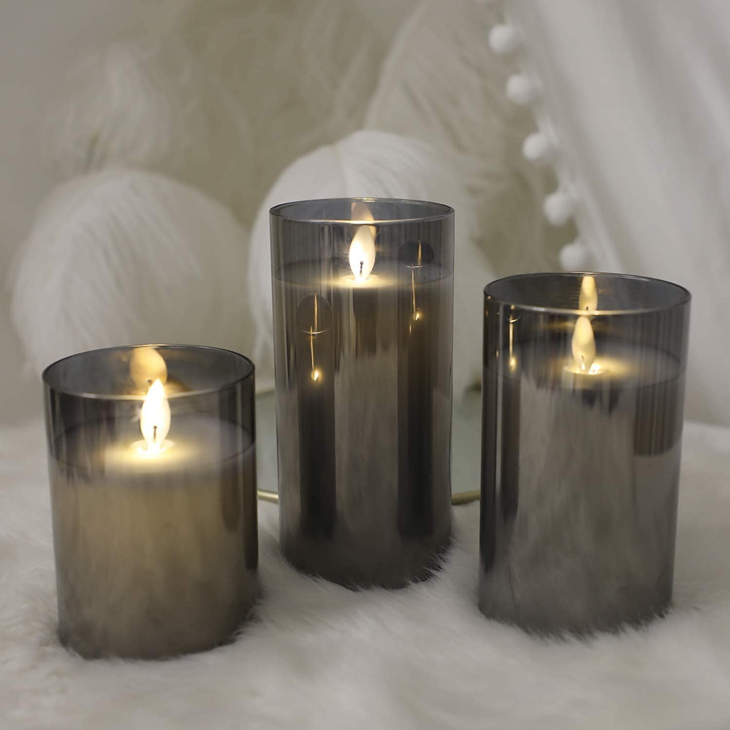 Number CASE | Set of 3 Flameless LED Candles | Grey Transparent Glass | Real Paraffin Wax with Moving Wick | Battery Powered with Remote Control | 4", 5", 6" Pillars for Home, Party, Wedding-image-32