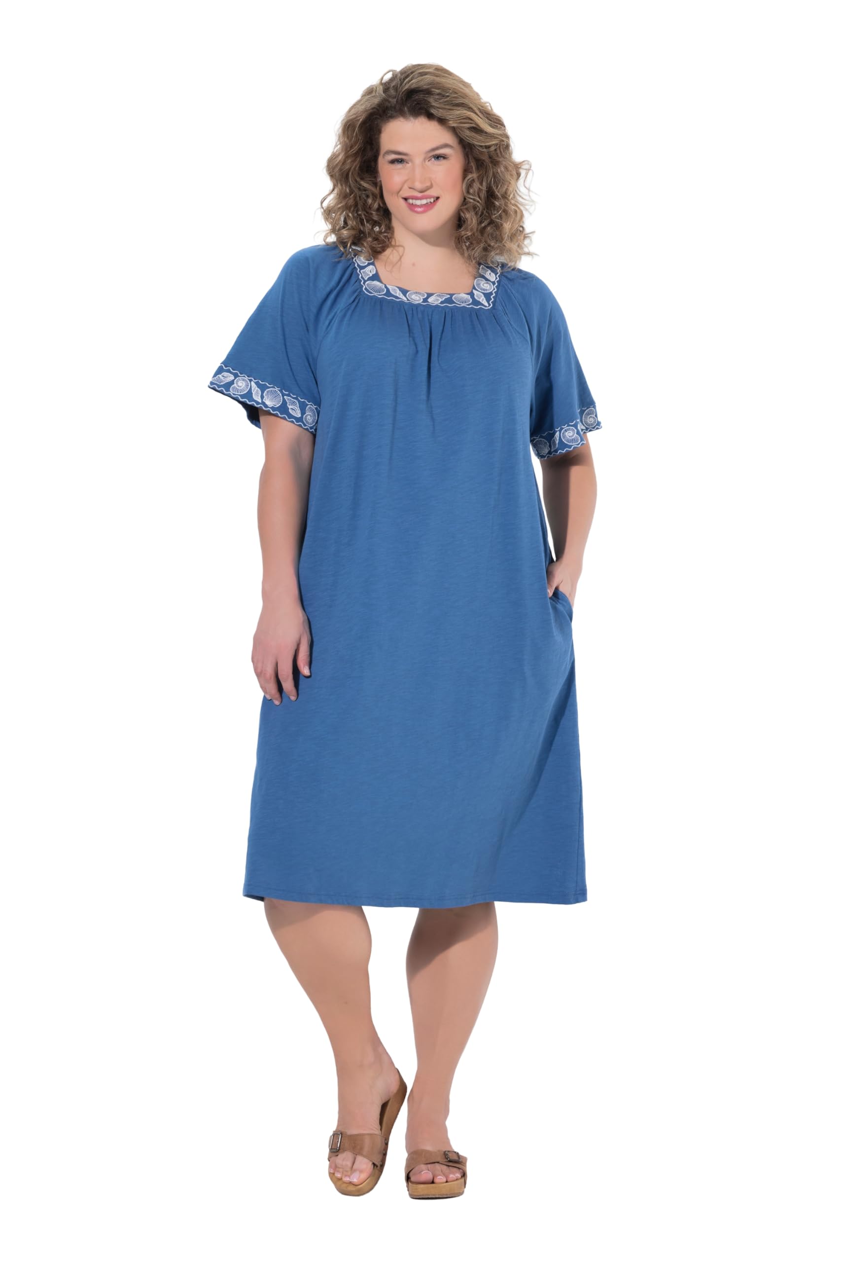 Ulla Popken Damen große Größen Übergrößen Plus Size Midikleid, Stickerei-Bordüre, Carré-Ausschnitt, Flügel-Halbarm 847688