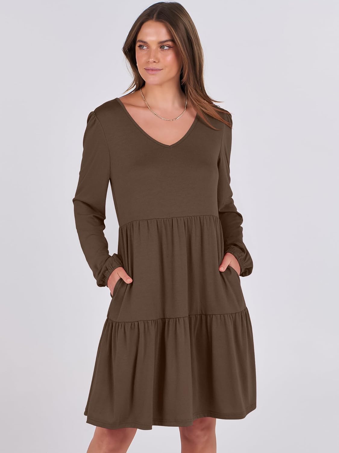 ANRABESS Womens Long Sleeve Dress 2026 Fall Casual V Neck Tiered Flowy Short Dresses Spring Beach Travel Vacation Clothes - Image 2