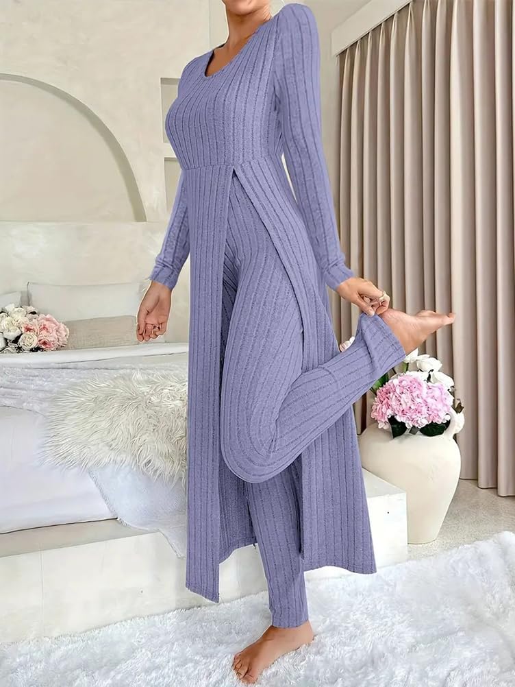 Generisch Combinaison 2 pièces pour femme - Combinaison en tricot à manches longues - Haut et leggings côtelés - Ensemble 2 pièces - Tenue d'été 2 pièces - Pour femme