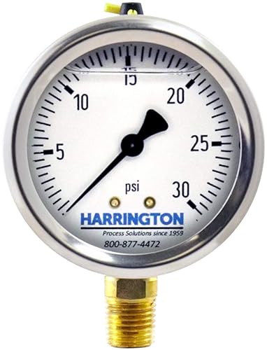 Harrington 52895687 Medidor de presión relleno de líquido de 2-12 pulgadas, 030 psi, acero inoxidable 304 con tapón de llenado ventilado, montaje