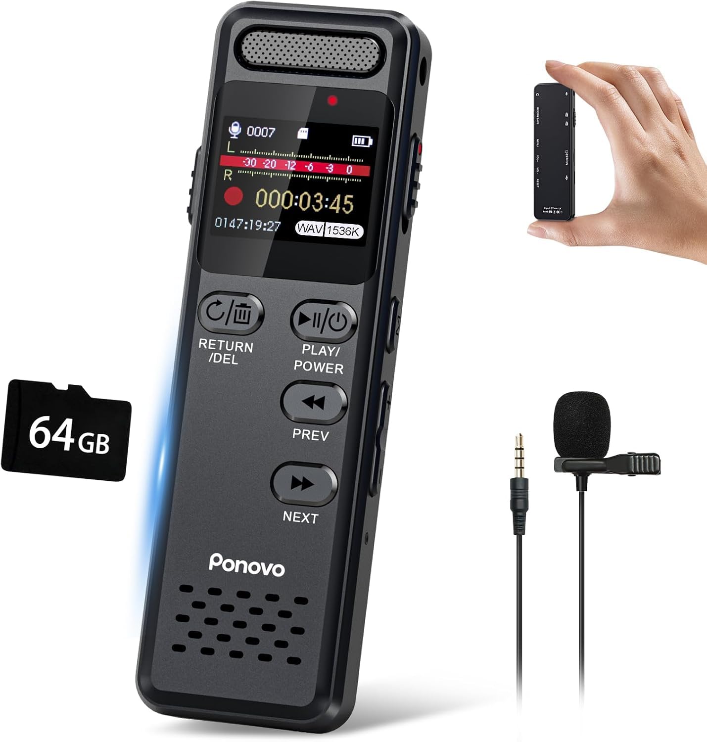 96GB Registratore Vocale 100 Ore Registrazione Continua, Ponovo Registratore Professionale Attivazione Vocale 1536Kbps con MIC, 1100mAh Mini Registratore Audio con Password per Interviste Riunioni