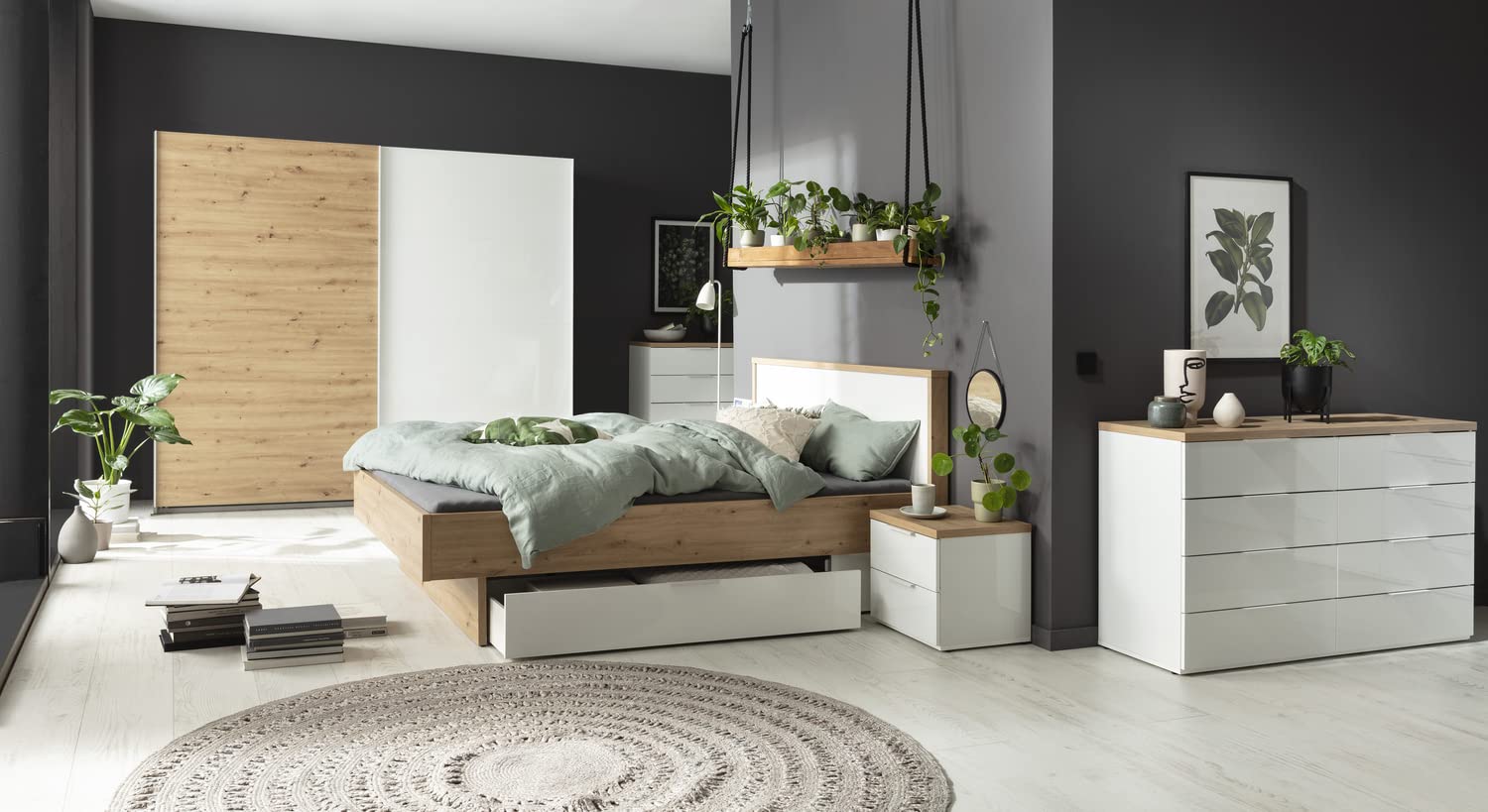 Composad | Camera da Letto Completa della Linea MUNDI, Set di 6 Mobili, Letto Matrimoniale, Armadio, Comodini, Cassettiera, Comò, Colore Rovere Mielato e Bianco Laccato, Made in Italy