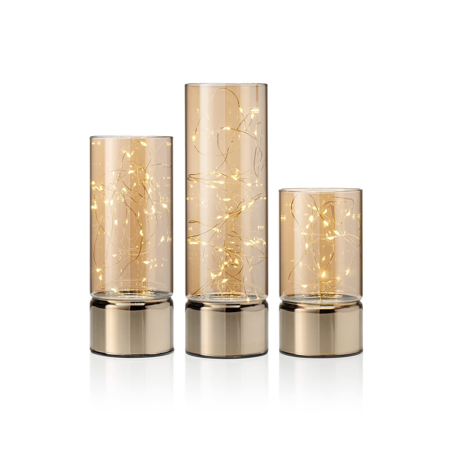Auraglow Draht Lichterkette Glas Zylinder Laternen 3er Set, mit Timer | Warme LED Glühwürmchen im dekorativen Gefäß, kabellos, für Kaminsims, Regal, Schlafzimmer und Weihnachtsdeko