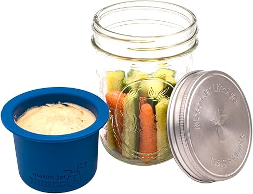 Miniatura 3 de Mason Jar Lifestyle Taza divisora para ensaladas, salsas y aperitivos. Contenedor de almuerzo Bento sin plástico. (Boca ancha, azul profundo)