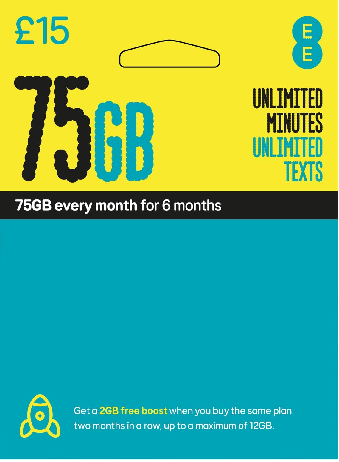 EE 75GB Data Sim includes £15 pre-paid credit, 75GB Data, Unlimited Minutes & Unlimited Texts