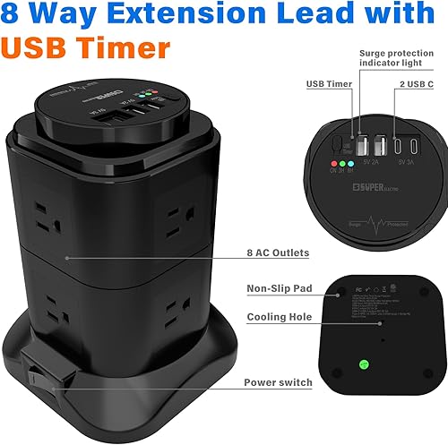 Miniatura 5 de cable de extensión con temporizador USB, 8 salidas de CA con 4 puertos USB (2 USB C), protector de sobretensiones 1200J de 6.56 pies, cable de