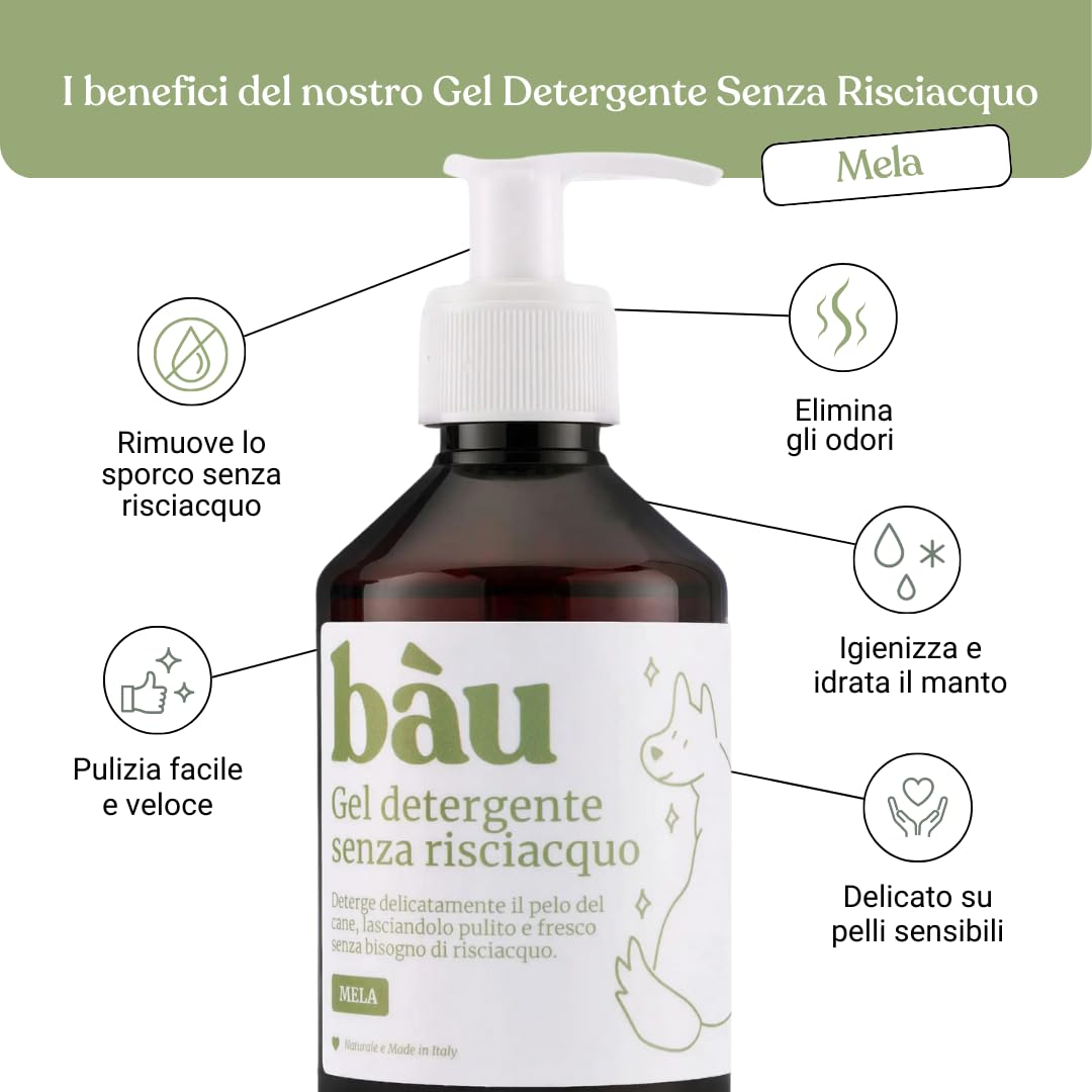 Bau Cosmesi Gel Detergente Senza Risciacquo, Shampoo Secco per Cani, Igienizzante e Idratante - Senza Parabeni e Siliconi, Naturale e Bio con Aloe Vera - Mela, 250 ml