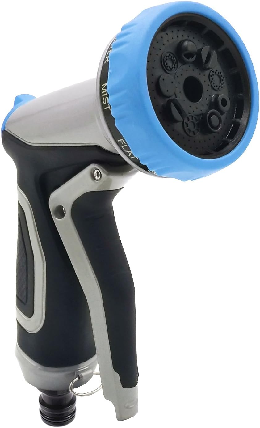 Tespressolife Garden Hose Nozzle Spray Nozzle Metal Water Nozzle Heavy Duty 9 Adjustable Watering Patterns - Slip Resistant - for Watering Plants, Cleaning, Car Wash and Showering Pets