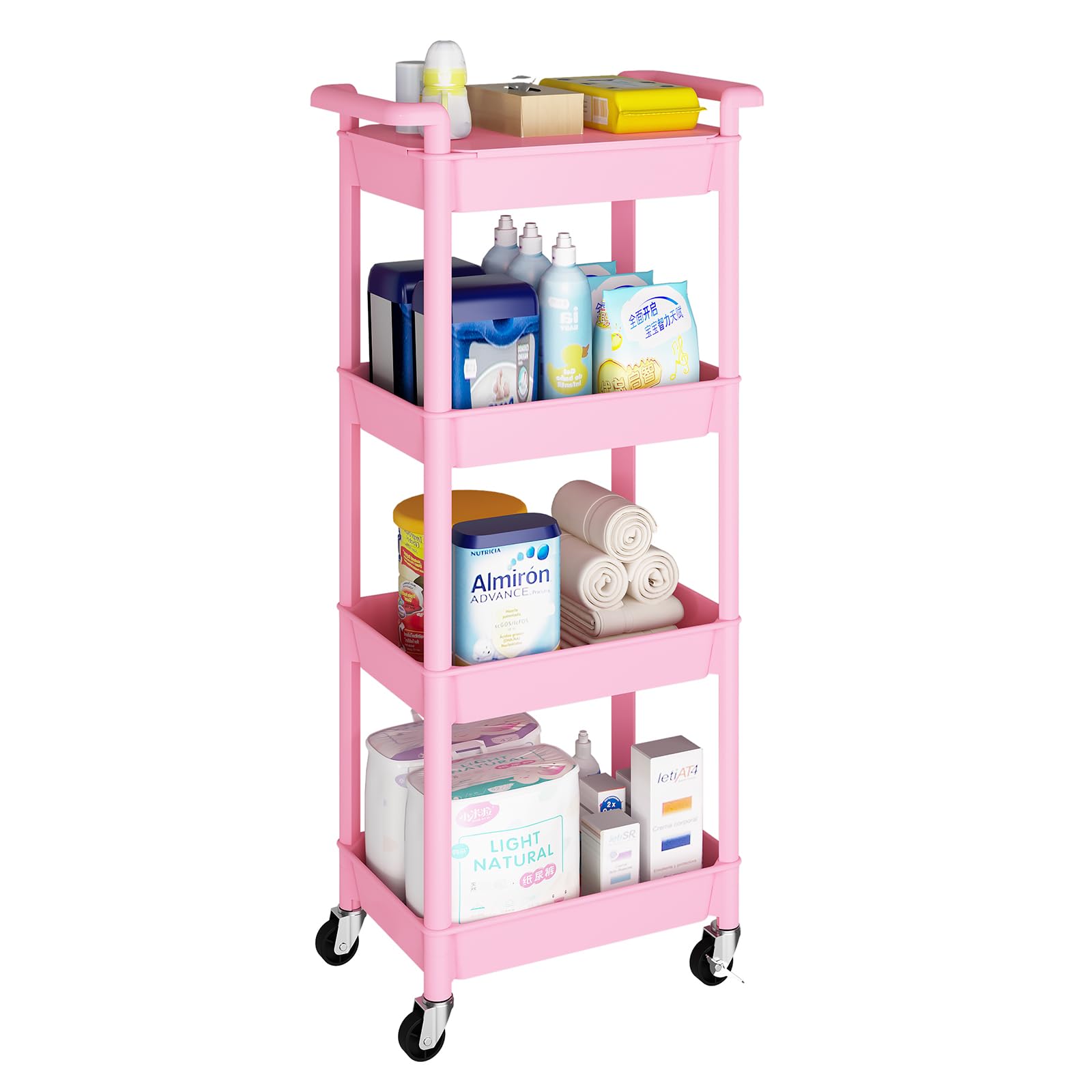 Storage Trolley on Wheels Kitchen Vegetable Trolleys Plastic 4-Tier Trolley for Book Beauty Art Craft Makeup Toy Trolleys with Plastic Shelves Rolling Utility Storage Cart for Bathroom Office, Pink