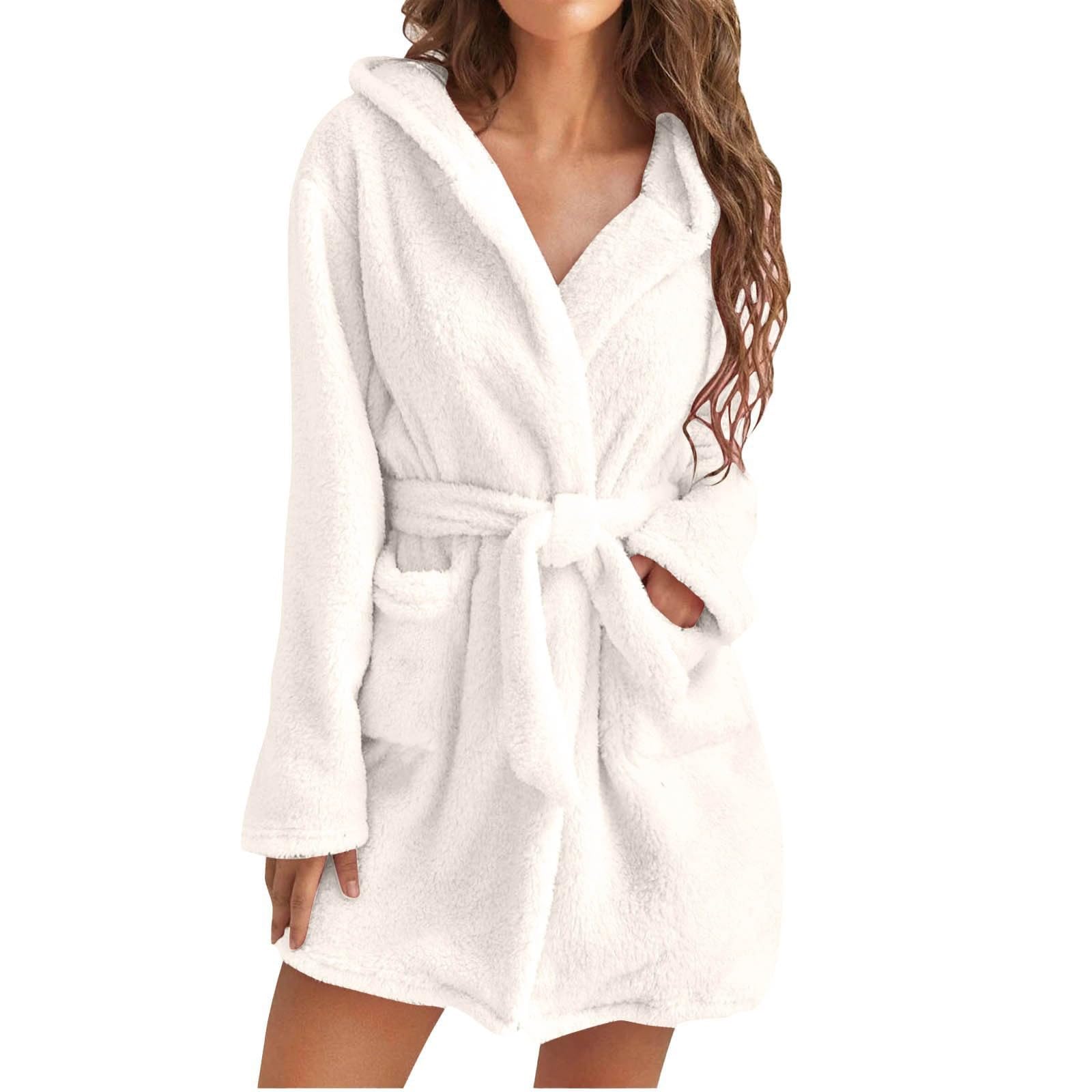 Albornoz de Ducha Blanco Liso con Capucha para Mujer - Bata Suave y Esponjosa con Cintura - Ropa de Dormir y para Estar En Casa Cálida y Cómoda para El Invierno