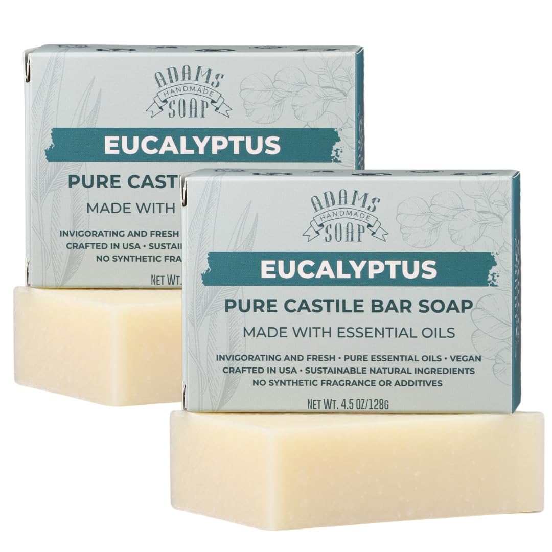 Adams Handmade Soap Eucalyptus Pure Castile Bar Soap 4 5 oz Vegan Cold Process Essential Oils 84 Organic