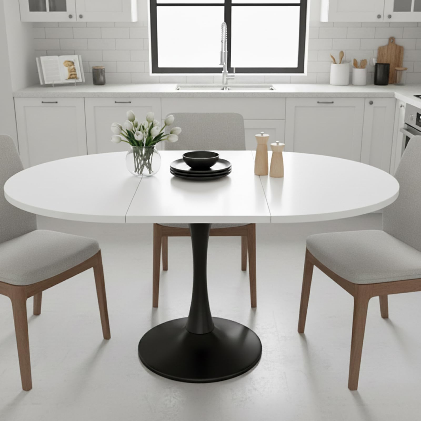 Mesa de Comedor Redonda Extensible, 100-140 x 100 x 75 cm, para 4-6 Personas, Ideal para Comedor, Cocina y salón, Blanco + Negro (AB)