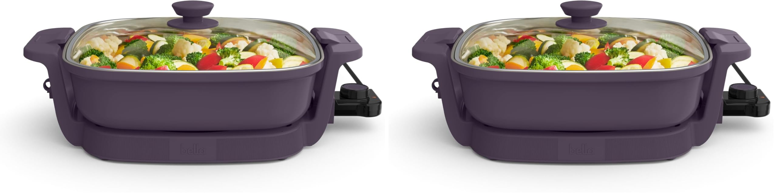 bella Make &amp; Take Electric Skillet, Fits-anywhere™ kitchenware, EverGood™ Ceramic Coating, Adjustable Temperature &amp; Dishwasher-Safe Tempered Glass Lid, Cast Aluminum Base, 1200 Watt, Plum (Pack of 2)